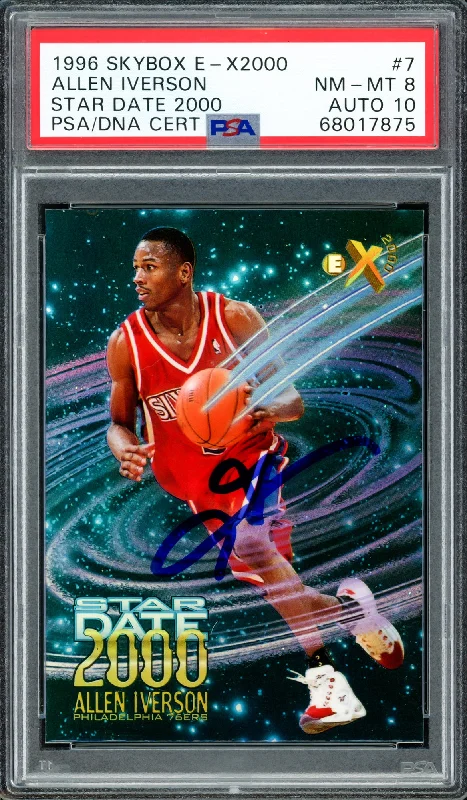 Men's basketball card holographic print -Allen Iverson Autographed 1996 Skybox E-X2000 Star Date 2000 Rookie Card #7 Philadelphia 76ers PSA 8 Auto Grade Gem Mint 10 PSA/DNA #68017875