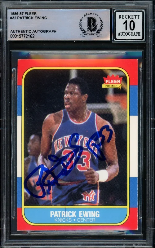 Men's basketball card team decks -Patrick Ewing Autographed 1986-87 Fleer Rookie Card #32 New York Knicks Auto Grade Gem Mint 10 Beckett BAS #15772162