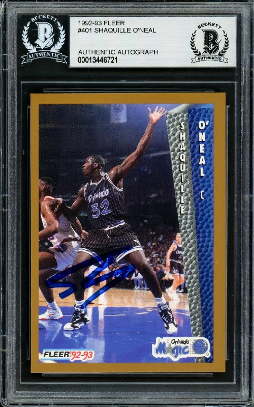 Men's basketball card tournament prize -Shaquille Shaq O'Neal Autographed 1992-93 Fleer Rookie Card #401 Orlando Magic Thin Signature Beckett BAS Stock #211215