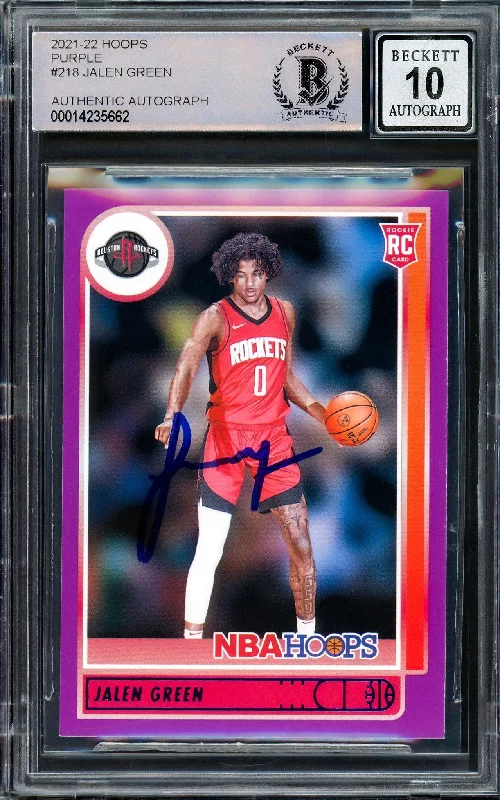 Men's basketball card combo set -Jalen Green Autographed 2021-22 NBA Hoops Purple Rookie Card #218 Houston Rockets Auto Grade Gem Mint 10 Beckett BAS Stock #205951