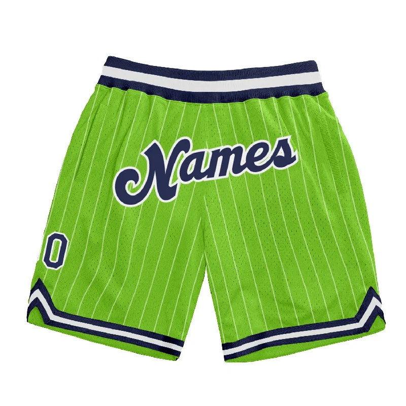 Men's basketball shorts pro-bold -Custom Neon Green White Pinstripe Navy-White Authentic Basketball Shorts