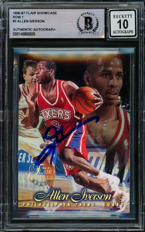 Men's basketball card team colors -Allen Iverson Autographed 1996-97 Flair Showcase Rookie Card #Row 1 Philadelphia 76ers Auto Grade Gem Mint 10 Beckett BAS #14866805