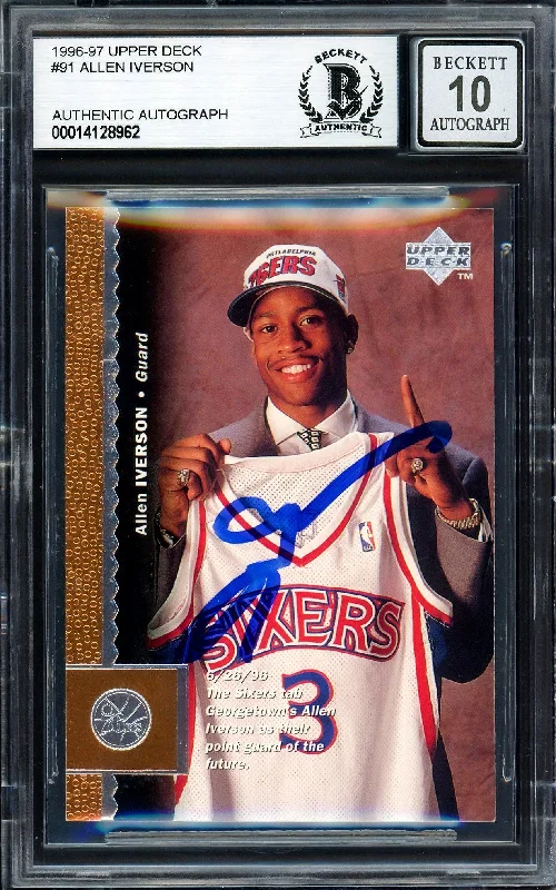 Men's basketball card elite rarity -Allen Iverson Autographed 1996-97 Upper Deck Rookie Card #91 Philadelphia 76ers Auto Grade Gem Mint 10 Beckett BAS Stock #205794