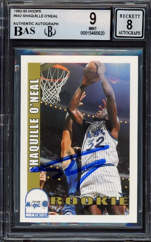 Men's basketball card player special -Shaquille "Shaq" O'Neal Autographed 1992 Hoops Rookie Card #442 Orlando Magic BGS 9 Auto Grade Near Mint/Mint 8 Beckett BAS #15465620