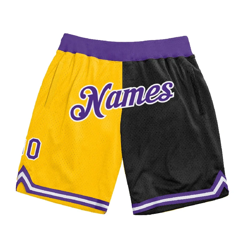 Men's basketball shorts sweat-dynamic -Custom Gold Purple-Black Authentic Throwback Split Fashion Basketball Shorts