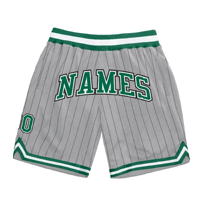 Men's basketball shorts tournament-fit -Custom Gray Black Pinstripe Kelly Green-White Authentic Basketball Shorts