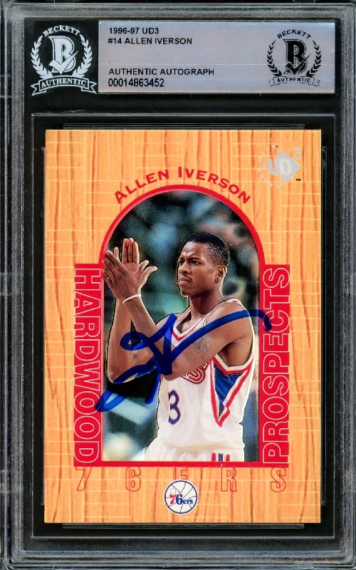 Men's basketball card sport series -Allen Iverson Autographed 1996-97 UD3 Hardwood Prospects Rookie Card #14 Philadelphia 76ers Beckett BAS #14863452