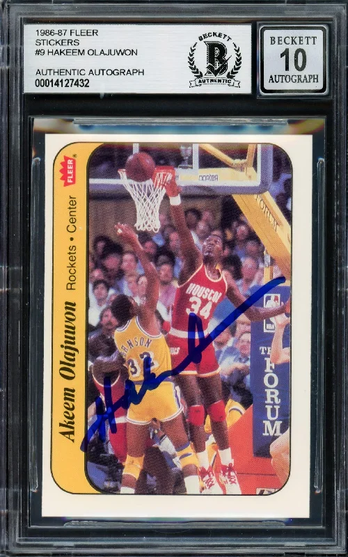 Men's basketball card athlete cards -Hakeem Olajuwon Autographed 1986-87 Fleer Stickers Rookie Card #9 Houston Rockets Auto Grade Gem Mint 10 Beckett BAS #14127432