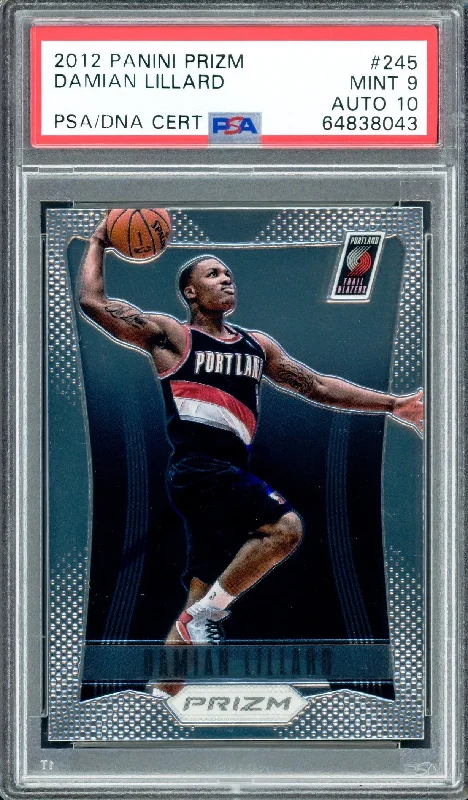 Men's basketball card custom artwork -Damian Lillard Autographed 2012 Panini Prizm Rookie Card #245 Portland Trail Blazers PSA 9 Auto Grade Gem Mint 10 On Card PSA/DNA #64838043