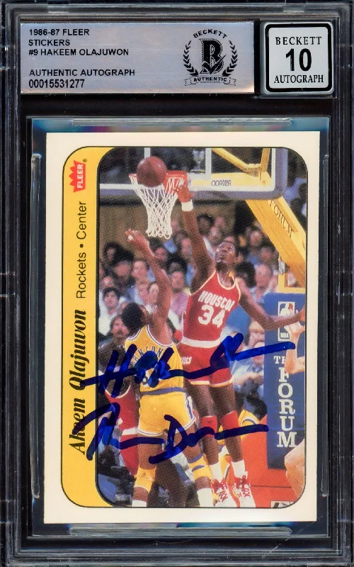 Men's basketball card quality package -Hakeem Olajuwon Autographed 1986-87 Fleer Stickers Rookie Card #9 Houston Rockets Auto Grade Gem Mint 10 "The Dream" Beckett BAS #15531277