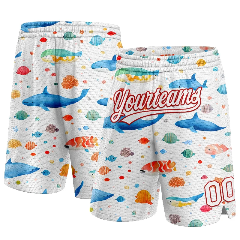 Men's basketball shorts elite-team -Custom White Red 3D Pattern Whale And Fish Authentic Basketball Shorts