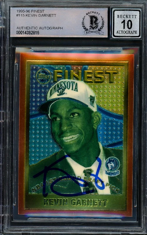 Men's basketball card signed edition -Kevin Garnett Autographed 1995-96 Topps Finest Rookie Card #115 Minnesota Timberwolves Auto Grade Gem Mint 10 Beckett BAS #14392815