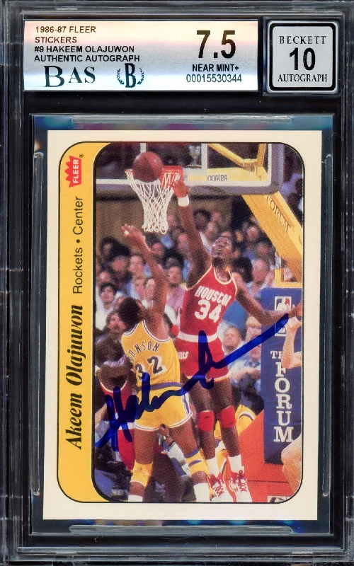 Men's basketball card player package -Hakeem Olajuwon Autographed 1986-87 Fleer Stickers Rookie Card #9 Houston Rockets BGS 7.5 Auto Grade Gem Mint 10 Beckett BAS #15530344