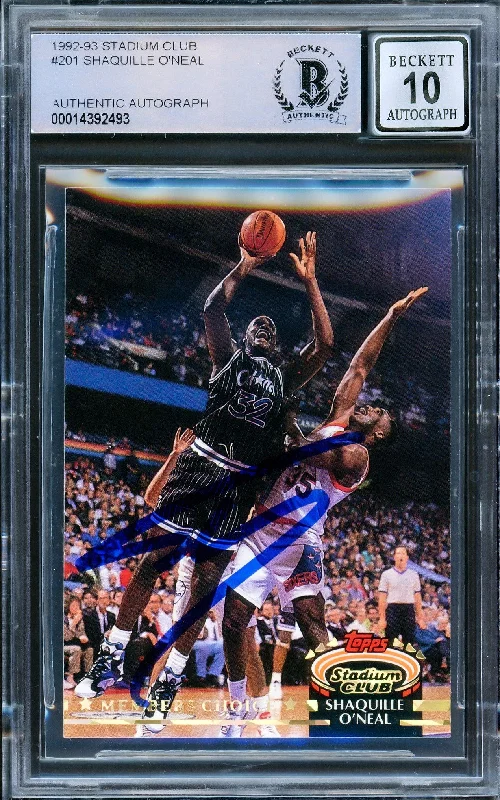 Men's basketball card tournament prize -Shaquille Shaq O'Neal Autographed 1992-93 Stadium Club Members Choice Rookie Card #201 Orlando Magic Auto Grade Gem Mint 10 Beckett BAS Stock #206814