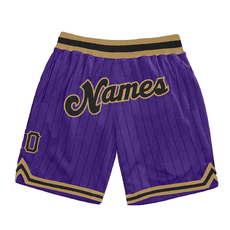 Men's basketball shorts stretch-pro -Custom Purple Black Pinstripe Black-Old Gold Authentic Basketball Shorts