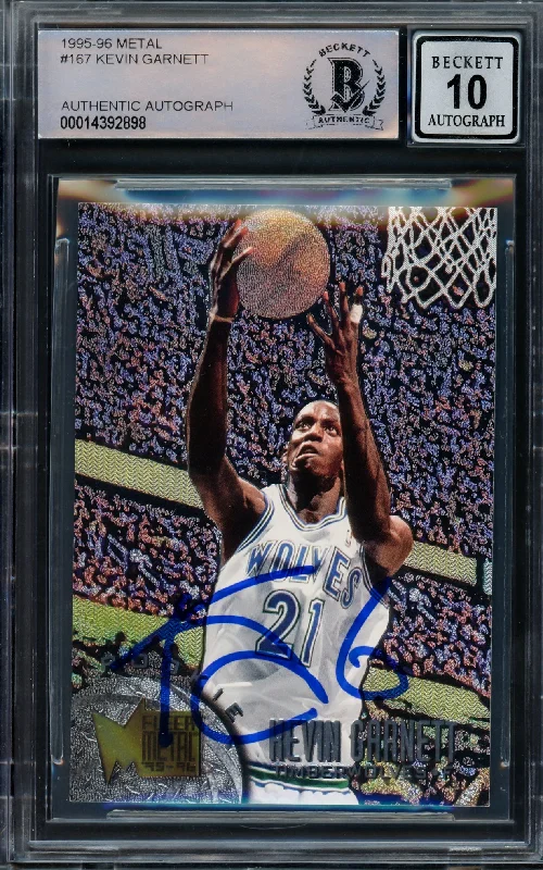 Men's basketball card affordable series -Kevin Garnett Autographed 1995-96 Fleer Metal Rookie Card #167 Minnesota Timberwolves Auto Grade Gem Mint 10 Beckett BAS Stock #215495