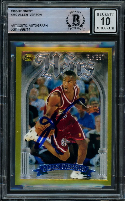 Men's basketball card pro card -Allen Iverson Autographed 1996-97 Topps Finest Gold Rookie Card #280 Philadelphia 76ers Auto Grade Gem Mint 10 Beckett BAS #14866714