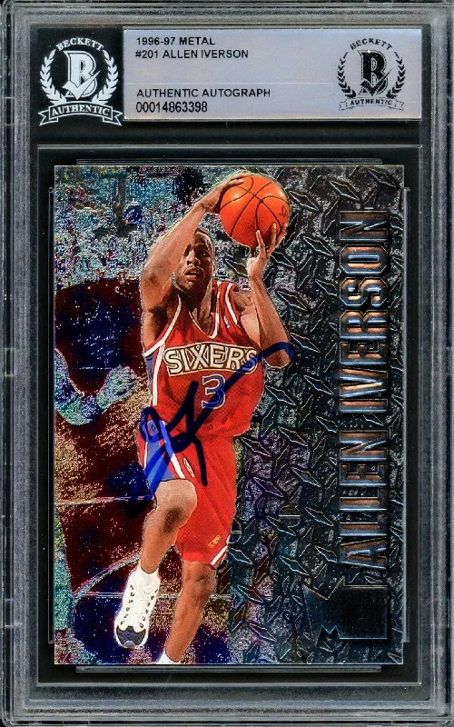 Men's basketball card cool lineup -Allen Iverson Autographed 1996-97 Fleer Metal Rookie Card #201 Philadelphia 76ers Beckett BAS Stock #209782