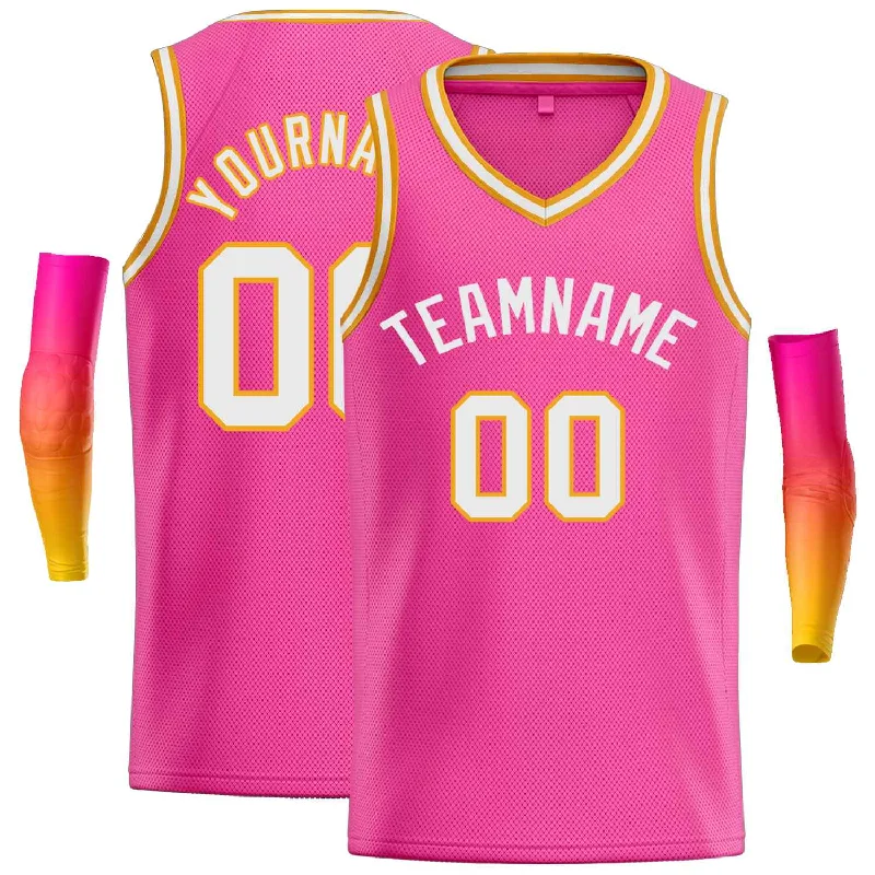 Men's basketball uniform stylish clothing -Custom Pink White-Yellow Classic Tops Men Casual Basketball Jersey