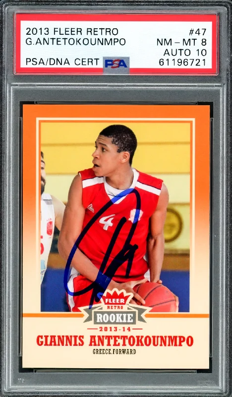 Men's basketball card name engraving -Giannis Antetokounmpo Autographed 2013 Fleer Retro Rookie Card #47 Milwaukee Bucks PSA 8 Auto Grade Gem Mint 10 PSA/DNA #61196721