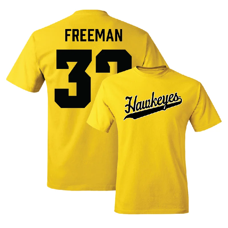 Men's basketball T-shirt player wear -Gold Men's Basketball Script Tee - Owen Freeman