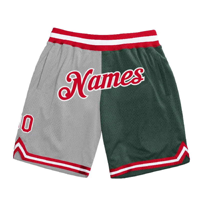 Men's basketball shorts quick-elite -Custom Gray Red-Hunter Green Authentic Throwback Split Fashion Basketball Shorts