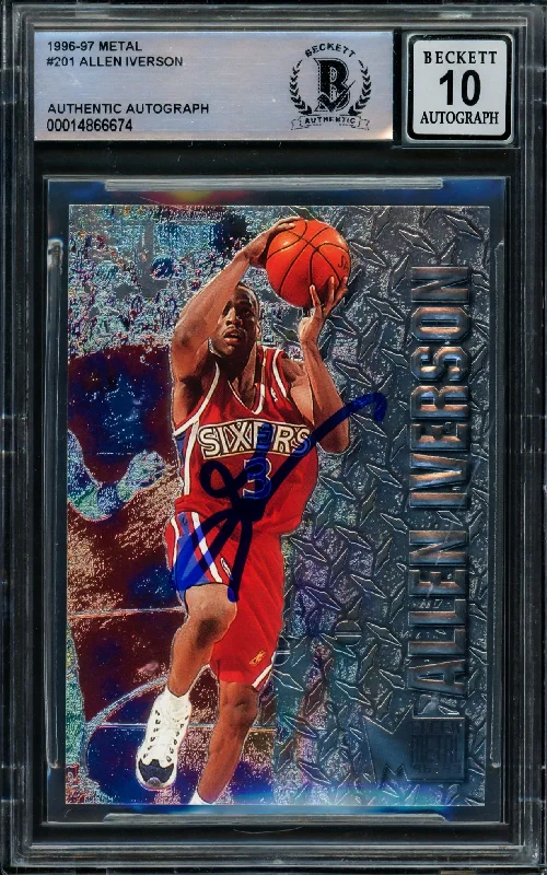 Men's basketball card performance pack -Allen Iverson Autographed 1996-97 Fleer Metal Rookie Card #201 Philadelphia 76ers Auto Grade Gem Mint 10 Beckett BAS #14866674