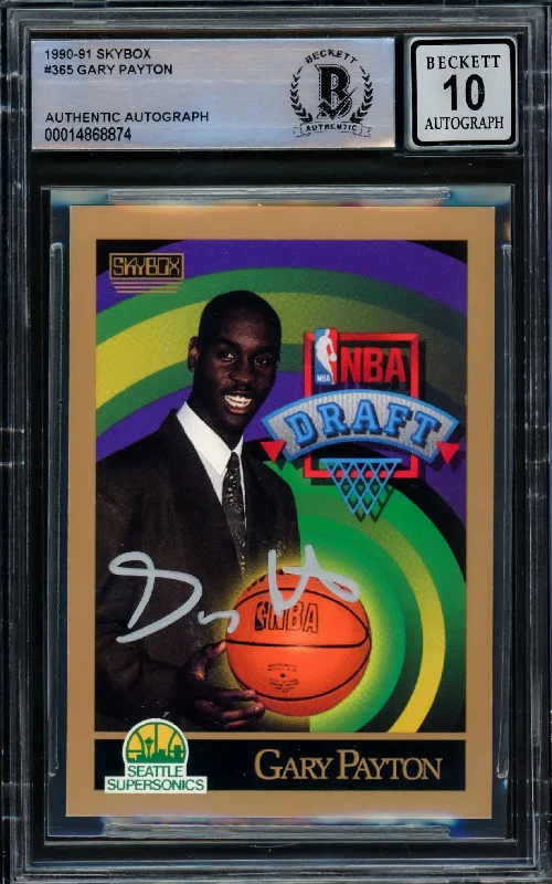 Men's basketball card intense rarity -Gary Payton Autographed 1990-91 Skybox Rookie Card #365 Seattle Supersonics Auto Grade Gem Mint 10 Beckett BAS #14868874