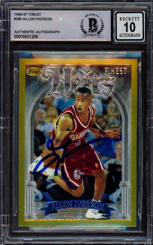 Men's basketball card pro lineup -Allen Iverson Autographed 1996-97 Finest Gold Rookie Card #280 Philadelphia 76ers Auto Grade Gem Mint 10 Beckett BAS #15531208