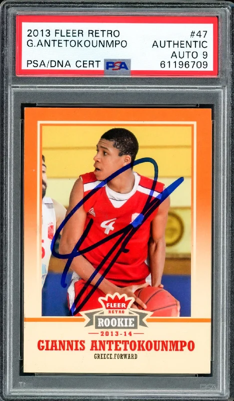 Men's basketball card size variation -Giannis Antetokounmpo Autographed 2013 Fleer Retro Rookie Card #47 Milwaukee Bucks Auto Grade Mint 9 PSA/DNA #61196709