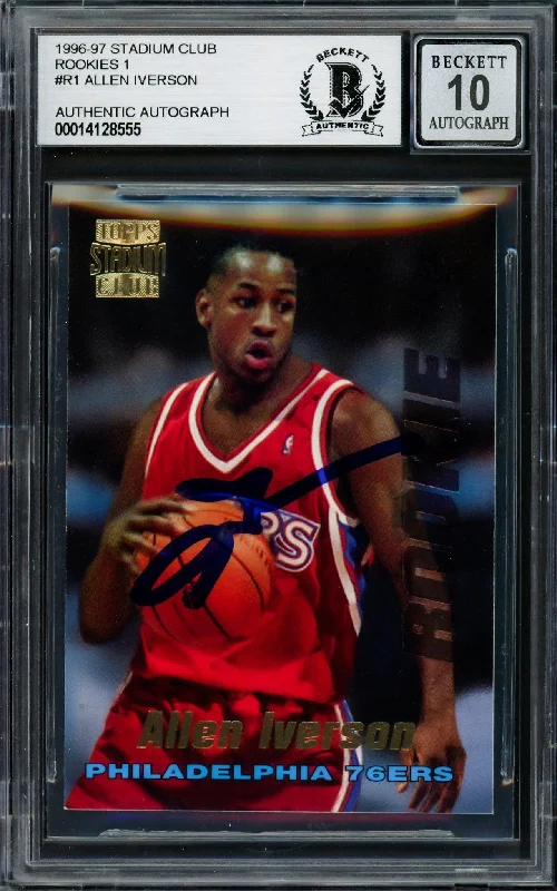 Men's basketball card high-impact card -Allen Iverson Autographed 1996-97 Stadium Club Rookie Card #R1 Philadelphia 76ers Auto Grade Gem Mint 10 Beckett BAS #14128555