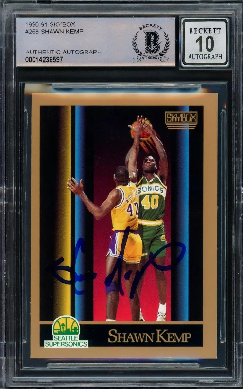 Men's basketball card trading event -Shawn Kemp Autographed 1990 Skybox Rookie Card #268 Seattle Super Sonics Auto Grade Gem Mint 10 Beckett BAS Stock #206099