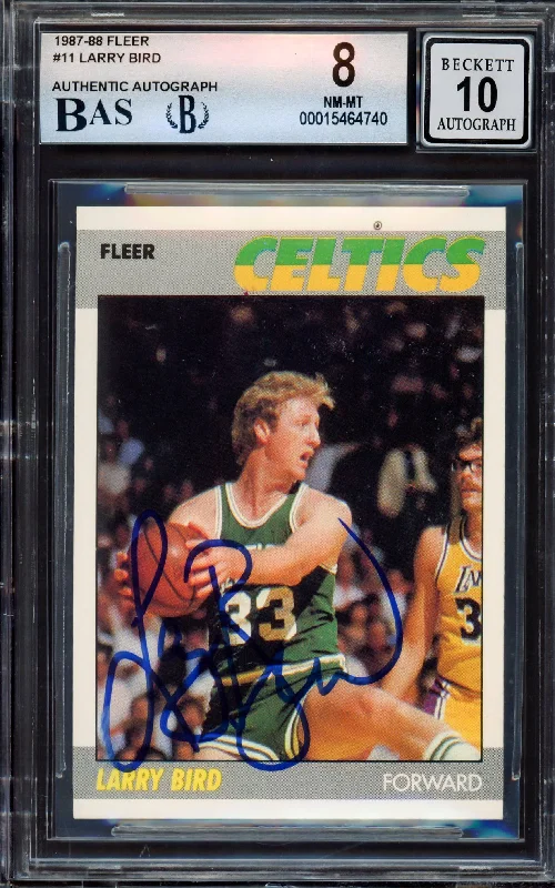 Men's basketball card brand name -Larry Bird Autographed 1987-88 Fleer Card #11 Boston Celtics BGS 8 Auto Grade Gem Mint 10 Beckett BAS #15464740