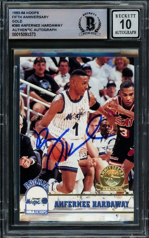 Men's basketball card oversized print -Anfernee Hardaway Autographed 1993-94 Hoops Gold Rookie Card #380 Orlando Magic Auto Grade Gem Mint 10 Beckett BAS #15093373