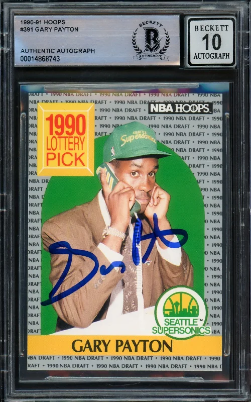 Men's basketball card team bundle -Gary Payton Autographed 1990-91 Hoops Rookie Card #391 Seattle Supersonics Auto 10 Beckett BAS Stock #210482