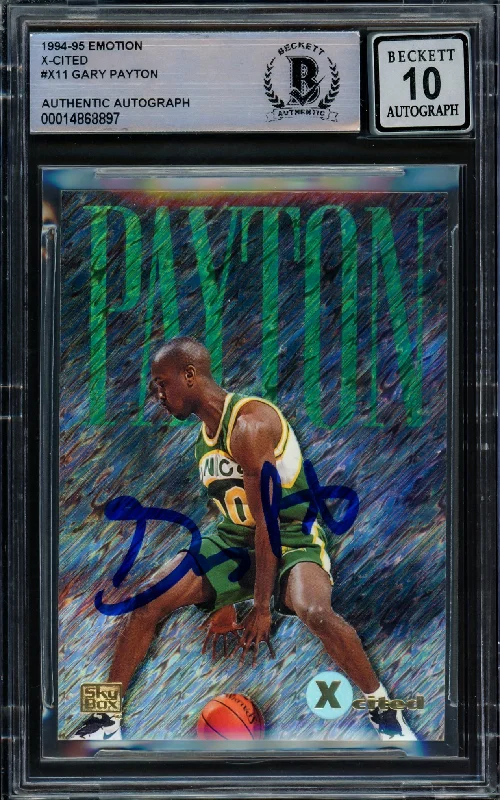 Men's basketball card budget cards -Gary Payton Autographed 1995-96 Skybox Xcited Card #11 Seattle Supersonics Auto Grade Gem Mint 10 Beckett BAS #14868897