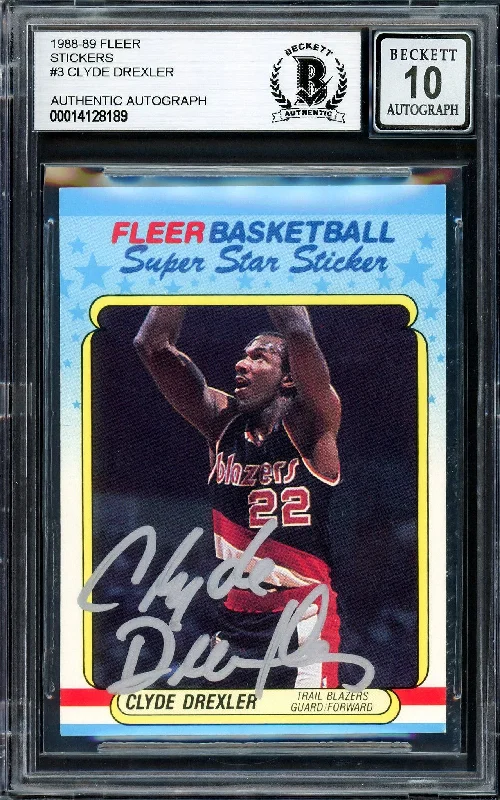 Men's basketball card team decks -Clyde Drexler Autographed 1988-89 Fleer Stickers Card #3 Portland Trail Blazers Auto Grade Gem Mint 10 Beckett BAS Stock #205735