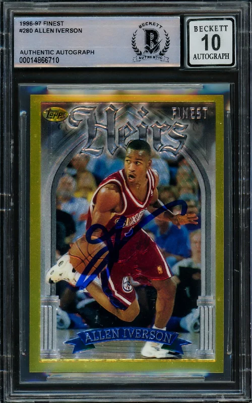 Men's basketball card team decks -Allen Iverson Autographed 1996-97 Topps Finest Gold Rookie Card #280 Philadelphia 76ers Auto Grade Gem Mint 10 Beckett BAS #14866710