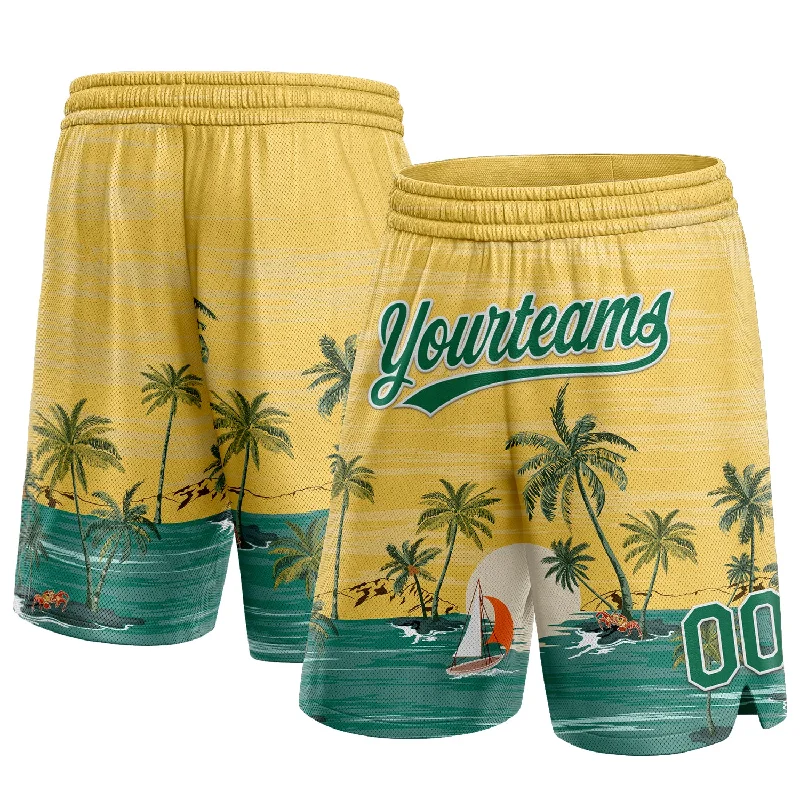 Men's basketball shorts dynamic-pro -Custom Yellow Kelly Green-White 3D Pattern Hawaii Palm Trees And Island Authentic Basketball Shorts