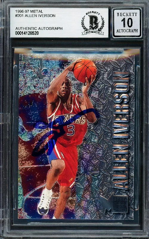 Men's basketball card athletic theme -Allen Iverson Autographed 1996-97 Fleer Metal Rookie Card #201 Philadelphia 76ers Auto Grade Gem Mint 10 Beckett BAS Stock #205769