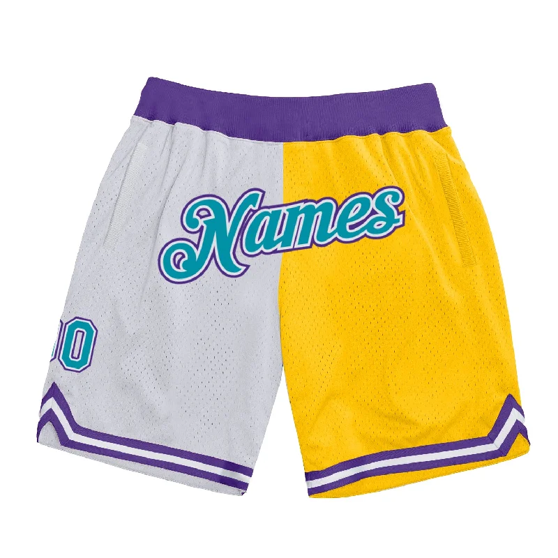 Men's basketball shorts quick-urban -Custom White Teal-Gold Authentic Throwback Split Fashion Basketball Shorts