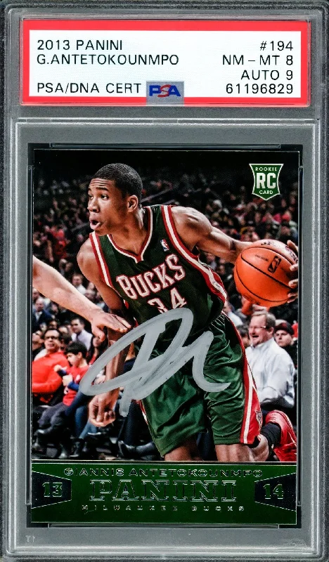 Men's basketball card quality special -Giannis Antetokounmpo Autographed 2013 Panini Rookie Card #194 Milwaukee Bucks PSA 8 Auto Grade Mint 9 PSA/DNA #61196829