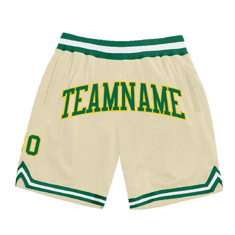 Men's basketball shorts elite-sleek -Custom Cream Kelly Green-Gold Authentic Throwback Basketball Shorts