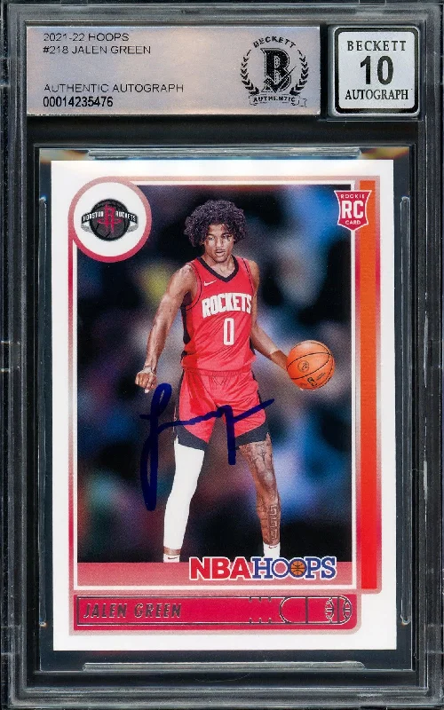 Men's basketball card player highlight -Jalen Green Autographed 2021-22 NBA Hoops Rookie Card #218 Houston Rockets Auto Grade Gem Mint 10 Beckett BAS Stock #205942