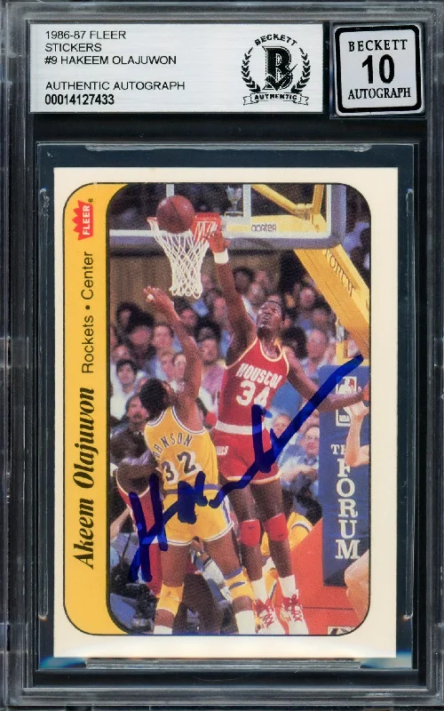 Men's basketball card sport cards -Hakeem Olajuwon Autographed 1986-87 Fleer Stickers Rookie Card #9 Houston Rockets Auto Grade Gem Mint 10 Beckett BAS #14127433