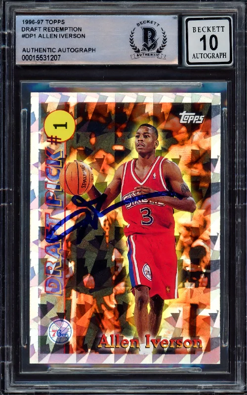 Men's basketball card performance assortment -Allen Iverson Autographed 1996-97 Topps Draft Picks Rookie Card #DP1 Philadelphia 76ers Auto Grade Gem Mint 10 Beckett BAS #15531207