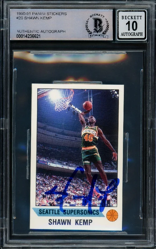 Men's basketball card sturdy material -Shawn Kemp Autographed 1990 Panini Sticker Rookie Card #20 Seattle Super Sonics Auto Grade Gem Mint 10 Beckett BAS Stock #206100