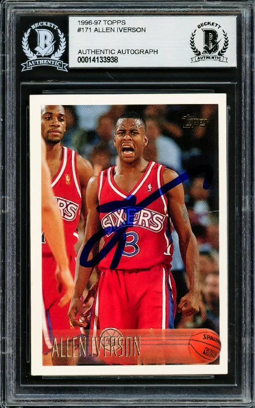 Men's basketball card team lineup set -Allen Iverson Autographed 1996-97 Topps Rookie Card #171 Philadelphia 76ers (Creased) Beckett BAS #14133938