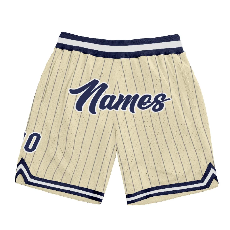 Men's basketball shorts active-pro -Custom Cream Navy Pinstripe Navy-White Authentic Basketball Shorts