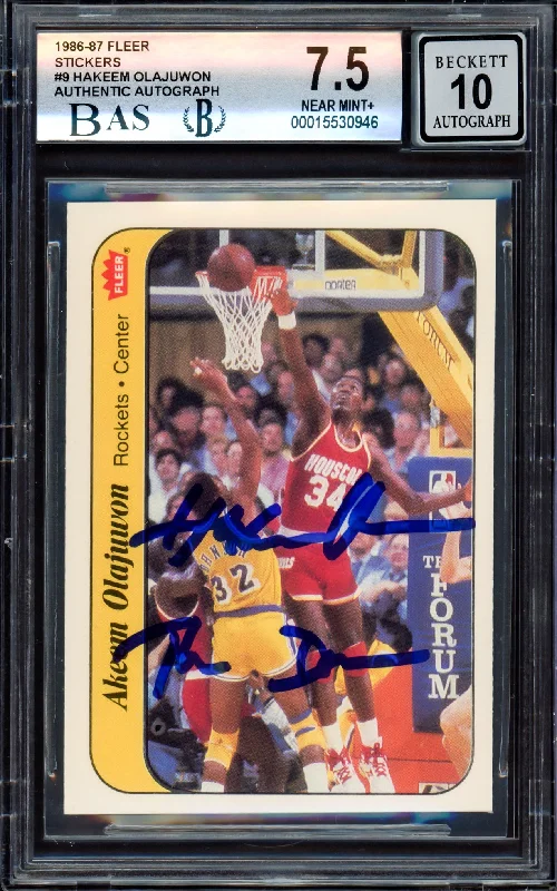 Men's basketball card rare package -Hakeem Olajuwon Autographed 1986-87 Fleer Stickers Rookie Card #9 Houston Rockets BGS 7.5 Auto Grade Gem Mint 10 "The Dream" Beckett BAS #15530946